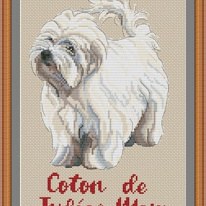 May include: Cross stitch pattern of a white Coton de Tulear dog with the text "Coton de Tulear" and "PuntAGOpetitePatternetsy.com".