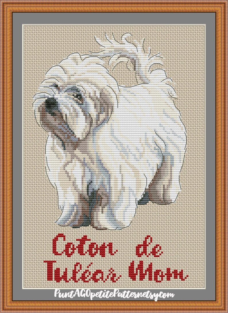 May include: Cross stitch pattern of a white Coton de Tulear dog with the text "Coton de Tulear" and "PuntAGOpetitePatternetsy.com".