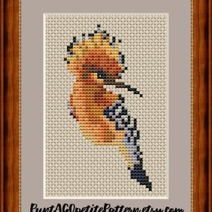May include: Cross stitch pattern of a brown and blue bird with a large crest. The bird is facing the right side of the image. The pattern is on a beige background. The text "PuntAGOpetitePattern etsy.com" is at the bottom of the image.
