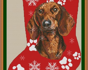Patrón de punto de cruz para calcetín navideño de perro salchicha rojo de pelo corto (PDF)