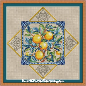 May include: Cross stitch pattern featuring a lemon tree with yellow lemons and green leaves, surrounded by a blue and white tile border and a gold geometric frame.