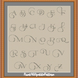 May include: A framed cross-stitch sampler featuring the alphabet in a decorative font. The letters are stitched in black thread on a beige background. The frame is a warm brown color, and the text "PuntAGOpettePattern" is at the bottom.