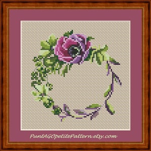 Patrón pdf punto de cruz petit point corona de anémona morada moderna
