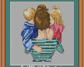 Mom of two babies boy and girl cross stitch pdf pattern