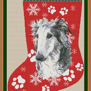 May include: A Christmas stocking featuring a Borzoi dog portrait, snowflakes, and paw prints on a red background. The word "BORZOI" is at the top. The stocking is framed in a wooden border.