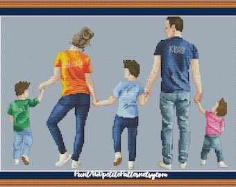 Fashion parents and kids cross stitch pdf pattern