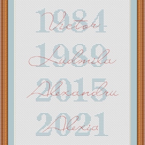 Könnte beinhalten: Gerahmtes Kreuzstich-Kunstwerk mit Namen und Daten. Das Design zeigt die Namen Victor, Ludmila, Alexandru und Alexia mit ihren jeweiligen Jahren in Hellblau. Der Text "PrintAGpetitePattern" befindet sich unten.