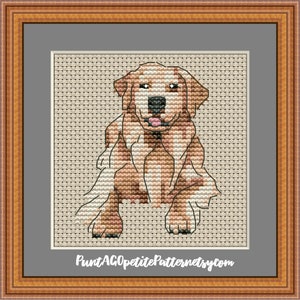 Könnte beinhalten: Kreuzstichmuster eines sitzenden Golden Retriever-Welpen mit herausgestreckter Zunge. Das Muster ist auf einem beigefarbenen Hintergrund mit weißem Rand. Der Text "PuntAGOpetitePatternsetsy.com" befindet sich am unteren Rand des Musters.