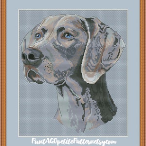 May include: A framed cross-stitch portrait of a dog's head, featuring shades of gray, blue, and tan. The dog has blue eyes and a detailed stitch pattern. The frame is brown, and the background is light blue. The text "PrintAGOpettitePatternetsycom" is at the bottom.