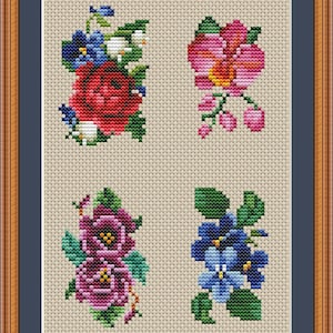 Pode incluir: Quatro padrões de ponto cruz floral que representam uma rosa vermelha, uma orquídea rosa, uma violeta roxa e uma violeta azul. Os padrões estão sobre um fundo bege e são perfeitos para projetos de bordado.