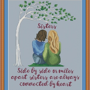 Sisters connected by heart cross stitch pdf pattern