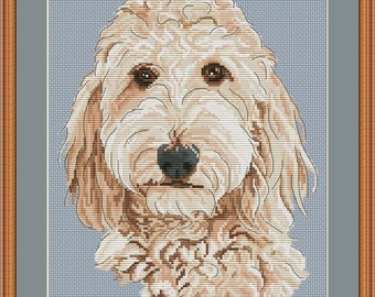May include: Cross stitch pattern of a cream colored dog with brown eyes and a black nose. The dog is looking directly at the viewer. The background is a light blue color. The pattern is available for download on the website PuntAGOpetitePatternetsy.com.