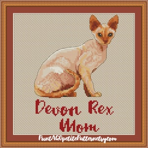May include: Cross stitch pattern of a Devon Rex cat sitting. The pattern is titled "Devon Rex Cat".