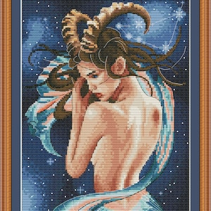 Capricorn zodiac woman portrait cross stitch pdf pattern