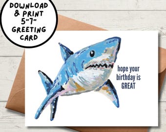 Shark Birthday Card, Punny Ocean Greeting, Blank Inside (Digital Download)