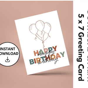 Feliz aniversário estilo Boho para impressão, download instantâneo, cartão de aniversário para impressão, cartão de aniversário para amigo, outra pessoa importante, cartão de balão