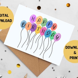 Happy Birthday Balloons Printable Card, Instant Download, Balloons Birthday Card, Happy Birthday Card for Friend, Girlfriend, Boyfriend