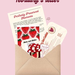 Pu&ograve; includere: Illustrazione rosa con una busta marrone aperta contenente biglietti e un barattolo di marmellata. I biglietti mostrano il testo "Perfectly Preserved Moments" e "Strawberry Jam Cookies". L'immagine include anche il testo "february's letter" e "happy crumbs MAIL CLUB".
