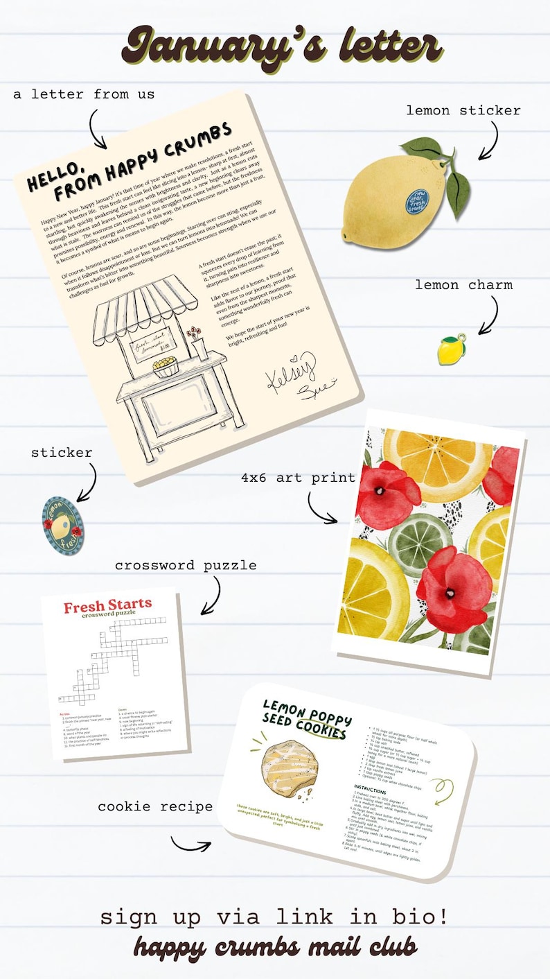 Pu&ograve; includere: Un assortimento di articoli di cancelleria, tra cui una lettera, una stampa artistica, un adesivo, un cruciverba e una ricetta di biscotti. La stampa artistica presenta limoni e papaveri ad acquerello. Il testo "January's letter" e "Happy Crumbs Mail Club" sono visibili.
