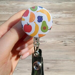 Badge Reel with Fruit Design | Retractable Button ID Clip | 1.25” Dietitian, Nutritionist, Fruit Lover Name Tag Clip