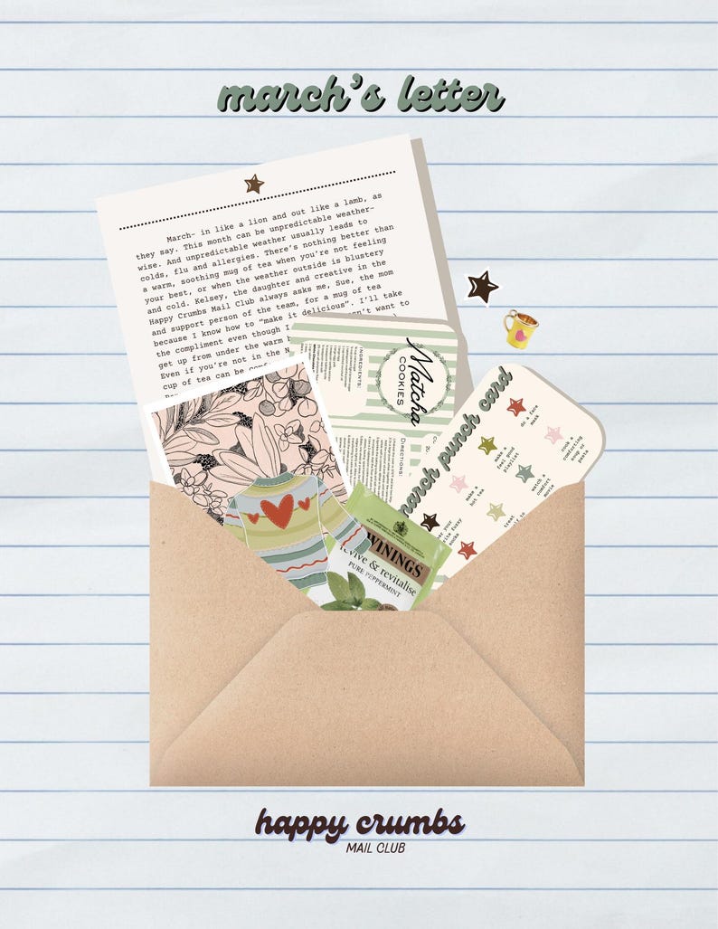 Pu&ograve; includere: Una busta di carta kraft contenente una lettera e diverse carte. La lettera &egrave; intitolata "march's letter" e include testo su t&egrave; e benessere. Altre carte includono "Matcha Cookies" e "march punch card". Le parole "happy crumbs mail club" sono in basso.