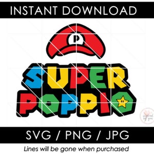 Super Poppio SVG | Poppy Papa Opa Super Mario Geburtstag PNG | Design perfekt für Shirt Kaffeetasse Kissen | JPG Cut Dateien oder Sublimation