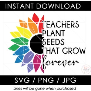 Gli insegnanti piantano semi che crescono per sempre SVG / Girasole PNG / Fiore arcobaleno JPG / Insegna amore ispira regalo presente / Taglia file / Cricut Cameo