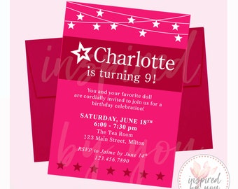 Star Invitation | America Birthday Invite | Sleepover Party Store | Red Pink White Stars Doll | AG |  DIGITAL FILE only