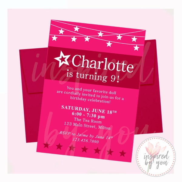 Star Invitation | America Birthday Invite | Sleepover Party Store | Red Pink White Stars Doll | AG |  DIGITAL FILE only