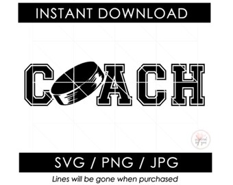 May include: A black and white graphic design with the word "COACH" in a bold font, with a hockey puck replacing the "O". The image also includes the text "INSTANT DOWNLOAD" and "SVG / PNG / JPG".