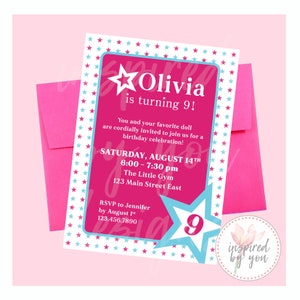 Star Invitation | America Birthday Invite | Sleepover Party Store | Red Pink White Stars Doll | AG |  DIGITAL FILE only