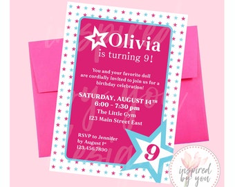 Star Invitation | America Birthday Invite | Sleepover Party Store | Red Pink White Stars Doll | AG |  DIGITAL FILE only