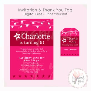 Star Invitation Bundle | Birthday Invite & Gift Tag | Sleepover Doll Party Store | Red Pink White Stars | DIGITAL FILE only