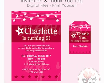 Star Invitation Bundle | Birthday Invite & Gift Tag | Sleepover Doll Party Store | Red Pink White Stars | DIGITAL FILE only