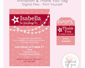 Star Invitation Bundle | Birthday Invite & Gift Tag | Sleepover Doll Party Store | Red Pink White Stars | DIGITAL FILE only