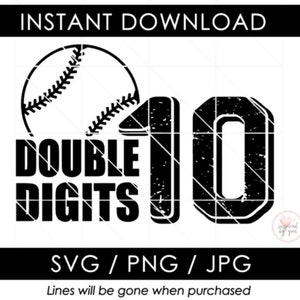 10.º cumpleaños Béisbol angustiado SVG / Dígitos dobles PNG / Cita de 10.º cumpleaños JPG / Diseño de camisa de cumpleaños de 10 años / Cortar archivo Cricut