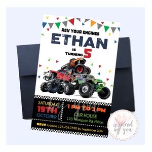 Monster Truck Birthday Invitation | Monstertruck Rally Invite | Gravedigger | Checker Flag |  Rev Your Engines |  Car Racing | Digital File