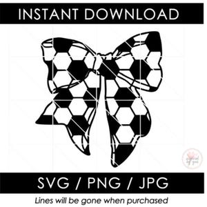 May include: Black and white soccer ball bow design. The image includes the text "INSTANT DOWNLOAD" at the top and "SVG / PNG / JPG" at the bottom. The text "Lines will be gone when purchased" is also included.
