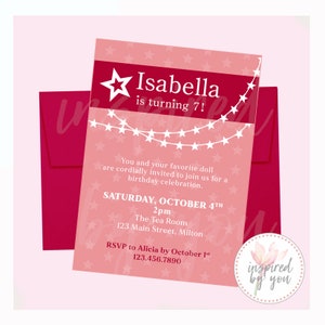 Star Invitation | Birthday Invite | Sleepover Doll Party Store | America Red Pink White Stars | DIGITAL FILE only