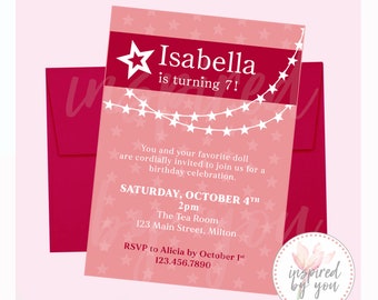 Star Invitation | Birthday Invite | Sleepover Doll Party Store | America Red Pink White Stars | DIGITAL FILE only