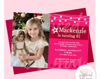 Star Invitation with Child Photo | America Birthday Invite | Sleepover Party Store | Red Pink White Stars Doll | AG |  DIGITAL FILE only