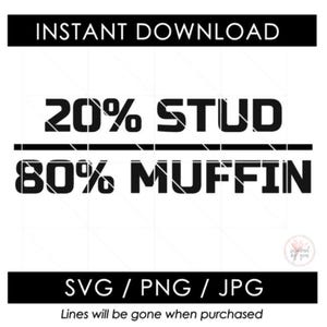 May include: Black and white digital design with the text "INSTANT DOWNLOAD" at the top. The phrase "20% STUD 80% MUFFIN" is centered, with "SVG / PNG / JPG" at the bottom. The text "Lines will be gone when purchased" is also included.