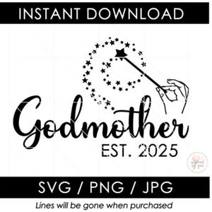 Madrinha SVG | Varinha de Fada Madrinha EST 2025 PNG | Ideia de Presente de Batismo jpg | Padrinhos | Vetor para Cricut, Arquivos de Corte Silhouette Cameo