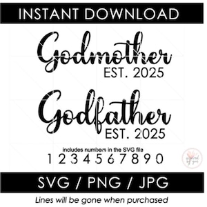 Madrina Padrino SVG / Regalo Padrino Est 2025 PNG / Battesimo Comunione Presente JPG / Fata Madrina / File di taglio Silhouette Cricut vettoriali
