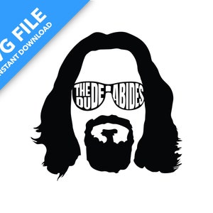 May include: Black and white silhouette of a man with long hair and a beard wearing sunglasses. The sunglasses have the words "The Dude Abides" written on them.