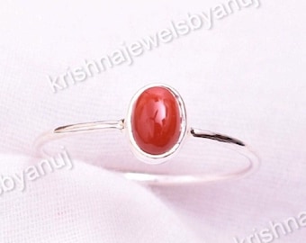 Natural Red Coral Ring - 925 Sterling Silver Ring - Size 3 To 13 US - Tiny Ring - Stackable Ring - Dainty Ring - Midi Ring - Birthstone Ring