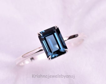 Natural London Blue Topaz Gemstone Ring - 925 Sterling Silver Ring - 6x8mm Octagon Emerald Cut Genuine London Blue Topaz - Solitaire Ring