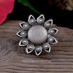 925 Solid Sterling Silver Ring - Handmade Flower Silver Ring - Adjustable Size Ring - Oxidized Ring - Party Wear Ring - Trendy Silver Ring