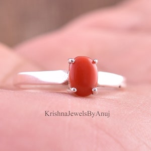 Natural Red Coral Ring - Solid 925 Sterling Silver Gemstone Ring - Sizes 3 To 13 US - Trendy Ring - Midi Ring - Dainty Ring - Prong Ring