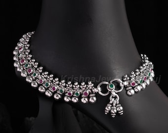 Vintage enkelband met kleurrijke stenen - 925 sterlingzilveren enkelband - lengte 10,75 inch - handgemaakte geoxideerde enkelband - mooiste sieraden